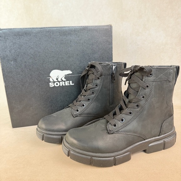 Sorel Explorer Black Leather Lace-Up Combat Boots Side Zip Women size 8 - Picture 12 of 14